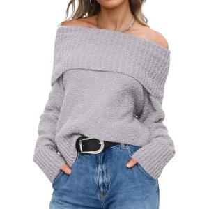 imageANRABESS Off The Shoulder Sweaters for Women 2025 Fall Turtleneck Long Sleeve Fuzzy Knit Warm Casual Winter SweaterSilver Grey