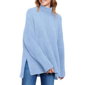 imageANRABESS Women Oversized Turtleneck Long Sleeve Fuzzy Knit Slit Side Chunky Warm Pullover Sweaters 2025Blue