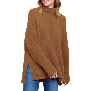 imageANRABESS Women Oversized Turtleneck Long Sleeve Fuzzy Knit Slit Side Chunky Warm Pullover Sweaters 2025Ochre