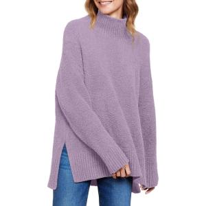 imageANRABESS Women Oversized Turtleneck Long Sleeve Fuzzy Knit Slit Side Chunky Warm Pullover Sweaters 2025Purple