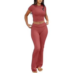 imageANRABESS Lounge Sets for Women 2 Piece Foldover Yoga Flare Leggings Pants Crop Tops Casual Y2K Outfits Matching Tracksuit SetPeach