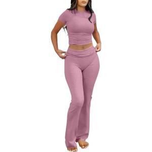 imageANRABESS Lounge Sets for Women 2 Piece Foldover Yoga Flare Leggings Pants Crop Tops Casual Y2K Outfits Matching Tracksuit SetPink