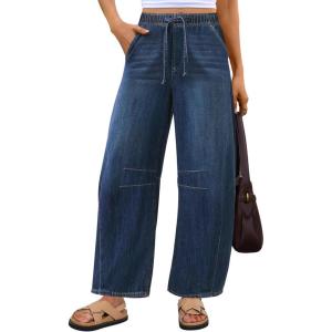 imageANRABESS Women Barrel Jeans High Waisted Wide Leg Drawstring Denim Pants Y2K Baggy Loose Fit Trouser Jeans with Pockets Dark Blue Large