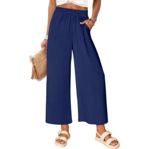 imageANRABESS Women Wide Leg Capri Pants Summer Palazzo High Waisted Casual Loose Lounge Flowy Cropped Beach Trousers Work OutfitsNavy Blue