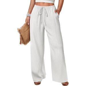 imageANRABESS Womens Wide Leg Palazzo Pants Casual Mid Waist Flowy Pants Beach Vacation Lounge Trousers with PocketsWhite