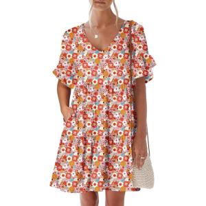 imageANRABESS Dresses for Women Summer 2025 V Neck Ruffle Sleeve A Line Tiered Flowy Casual Trendy Mini Beach Dress with PocketsOrange Floral