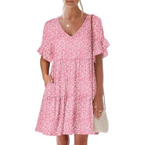 imageANRABESS Dresses for Women Summer 2025 V Neck Ruffle Sleeve A Line Tiered Flowy Casual Trendy Mini Beach Dress with PocketsPink Floral