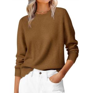 imageANRABESS Sweaters for Women Loose Fit Lightweight Soft Dressy Scalloped Long Sleeve Pullover Tops 2025 Fall Casual OutfitsCaramel