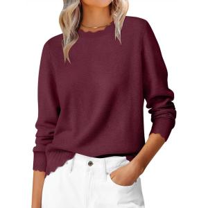 imageANRABESS Sweaters for Women Loose Fit Lightweight Soft Dressy Scalloped Long Sleeve Pullover Tops 2025 Fall Casual OutfitsWine Red
