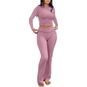 imageANRABESS Women 2 Piece Outfits Fall Lounge Sets Long Sleeve Cropped Top Fold Over Flare Pants Comfy Pajamas Set Y2K ClothesPink