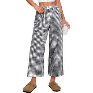 imageANRABESS Women Striped Gingham Palazzo Cropped Pants Wide Leg Pajama Lounge Pant Plaid PJ Bottoms Cute Trousers with PocketsBlack White Plaid