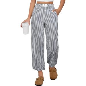 imageANRABESS Women Striped Gingham Palazzo Cropped Pants Wide Leg Pajama Lounge Pant Plaid PJ Bottoms Cute Trousers with PocketsBlack White Stripe