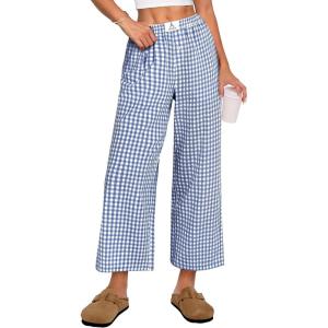 imageANRABESS Women Striped Gingham Palazzo Cropped Pants Wide Leg Pajama Lounge Pant Plaid PJ Bottoms Cute Trousers with PocketsBlue White Plaid