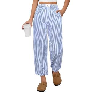 imageANRABESS Women Striped Gingham Palazzo Cropped Pants Wide Leg Pajama Lounge Pant Plaid PJ Bottoms Cute Trousers with PocketsBlue White Stripe