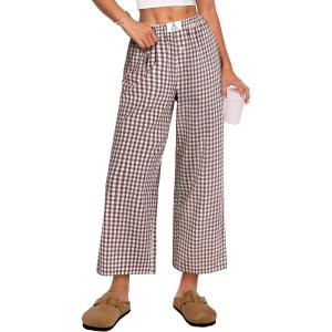 imageANRABESS Women Striped Gingham Palazzo Cropped Pants Wide Leg Pajama Lounge Pant Plaid PJ Bottoms Cute Trousers with PocketsBrown White Plaid