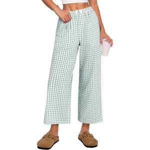 imageANRABESS Women Striped Gingham Palazzo Cropped Pants Wide Leg Pajama Lounge Pant Plaid PJ Bottoms Cute Trousers with PocketsGreen White Plaid