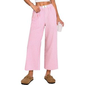 imageANRABESS Women Striped Gingham Palazzo Cropped Pants Wide Leg Pajama Lounge Pant Plaid PJ Bottoms Cute Trousers with PocketsPink White Plaid