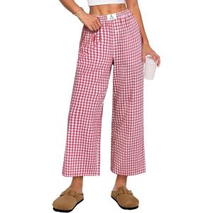 imageANRABESS Women Striped Gingham Palazzo Cropped Pants Wide Leg Pajama Lounge Pant Plaid PJ Bottoms Cute Trousers with PocketsRed White Plaid
