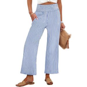 imageANRABESS Women Striped Gingham Wide Leg Palazzo Pants Casual Lounge Cute Comfy Plaid Checkered Pajama PJ Bottoms with PocketsBlue White Stripe