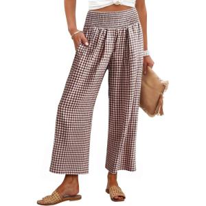imageANRABESS Women Striped Gingham Wide Leg Palazzo Pants Casual Lounge Cute Comfy Plaid Checkered Pajama PJ Bottoms with PocketsBrown White Plaid
