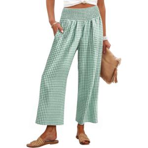 imageANRABESS Women Striped Gingham Wide Leg Palazzo Pants Casual Lounge Cute Comfy Plaid Checkered Pajama PJ Bottoms with PocketsGreen White Plaid