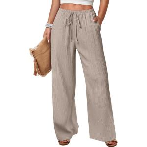 imageANRABESS Womens Wide Leg Palazzo Pants Casual Elastic Waist Flowy Pants Beach Vacation Lounge Trousers with Pockets Beige Small