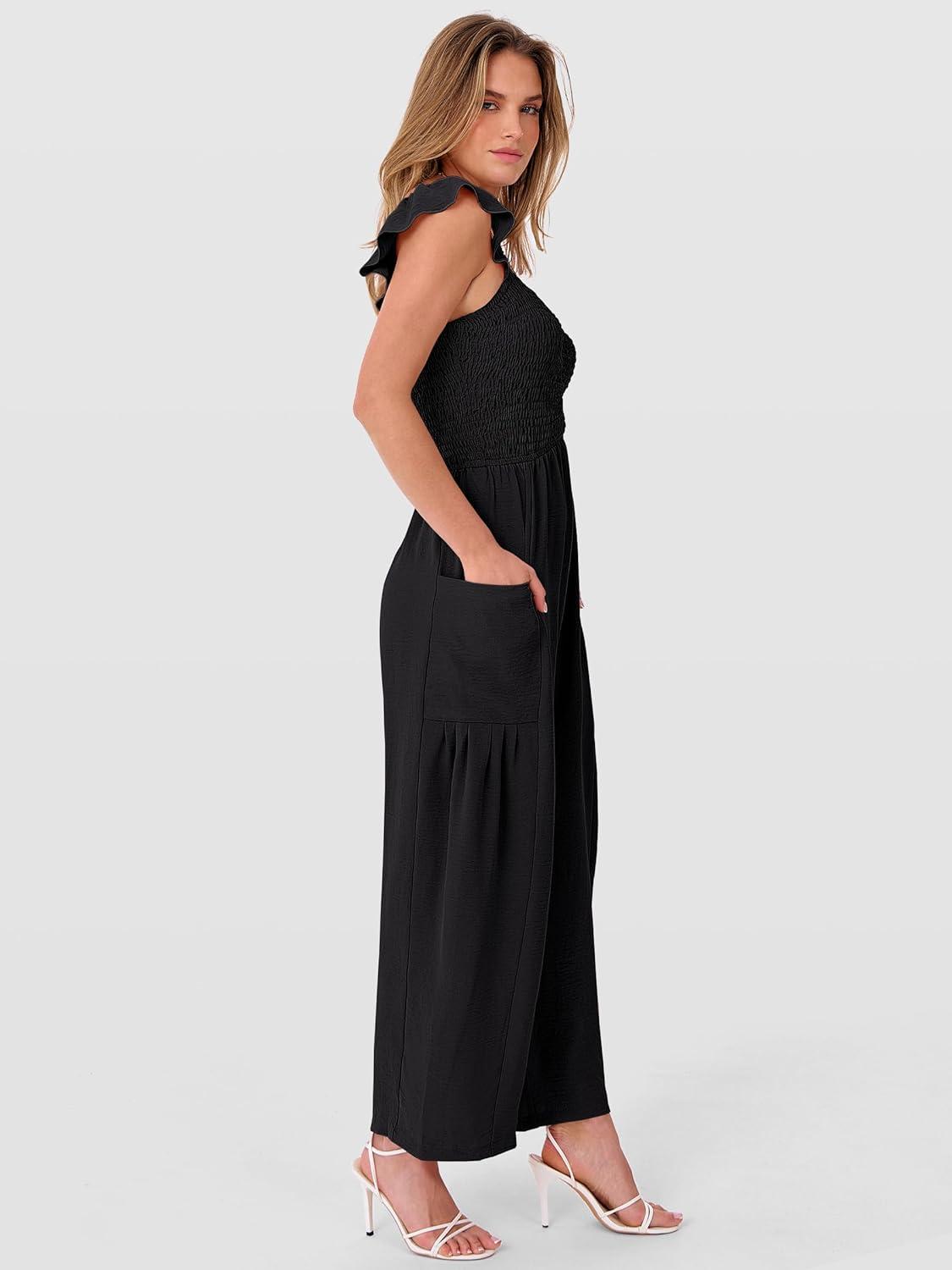 imageANRABESS Jumpsuits for Women Dressy One Piece Summer Outfits Wide Leg Sleeveless Smocked Romper Jumpers Casual Beach OverallsBlack