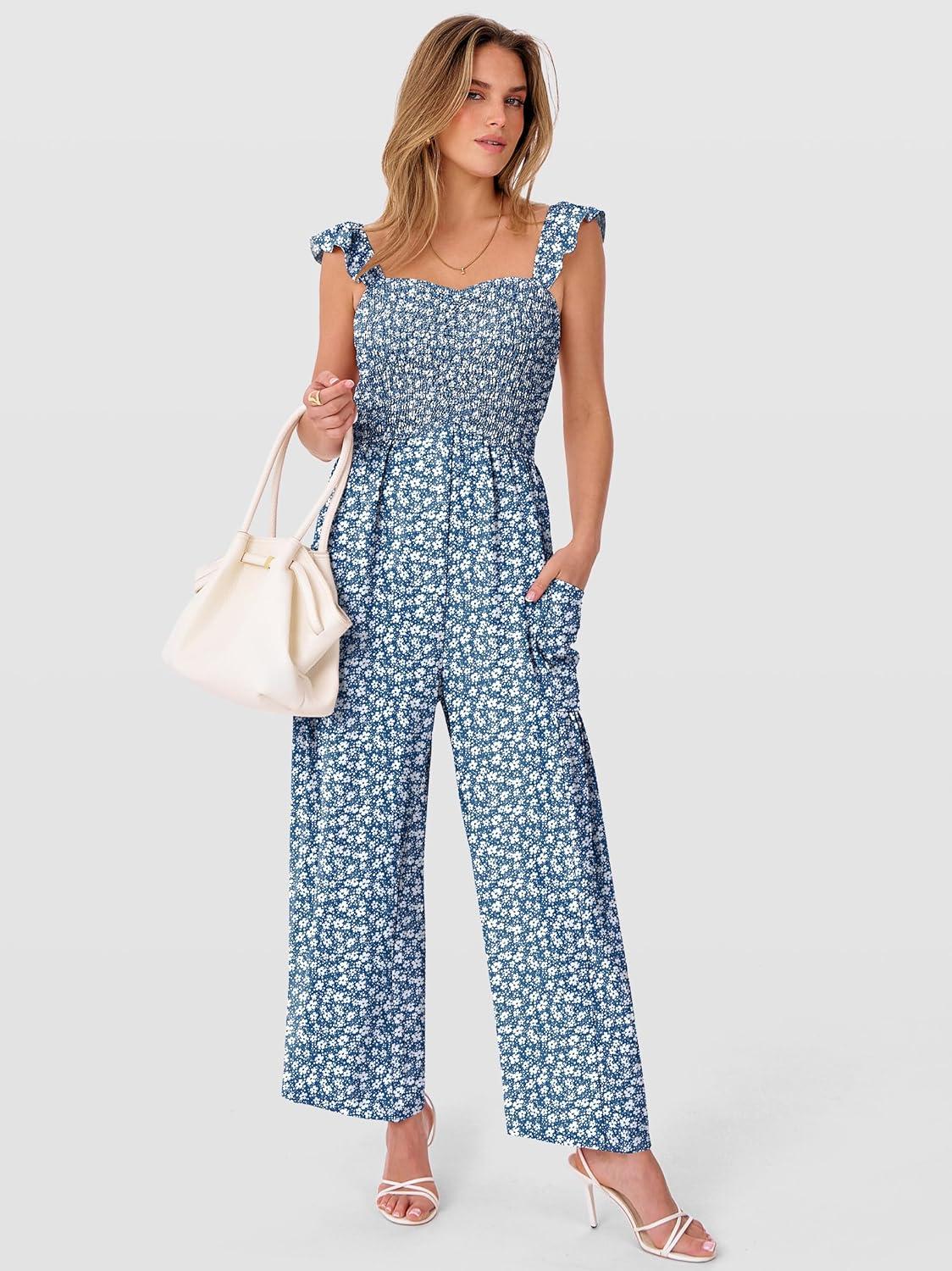 imageANRABESS Jumpsuits for Women Dressy One Piece Summer Outfits Wide Leg Sleeveless Smocked Romper Jumpers Casual Beach OverallsBlue White Floral