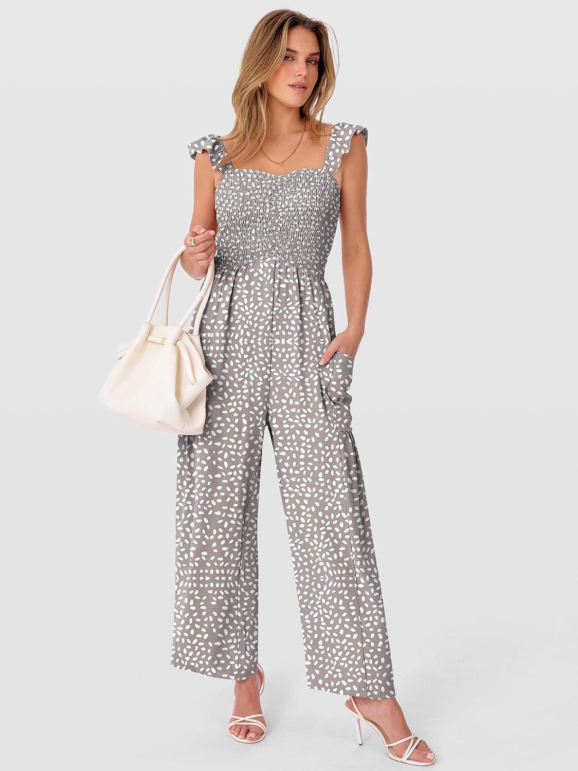 imageANRABESS Jumpsuits for Women Dressy One Piece Summer Outfits Wide Leg Sleeveless Smocked Romper Jumpers Casual Beach OverallsBrown White