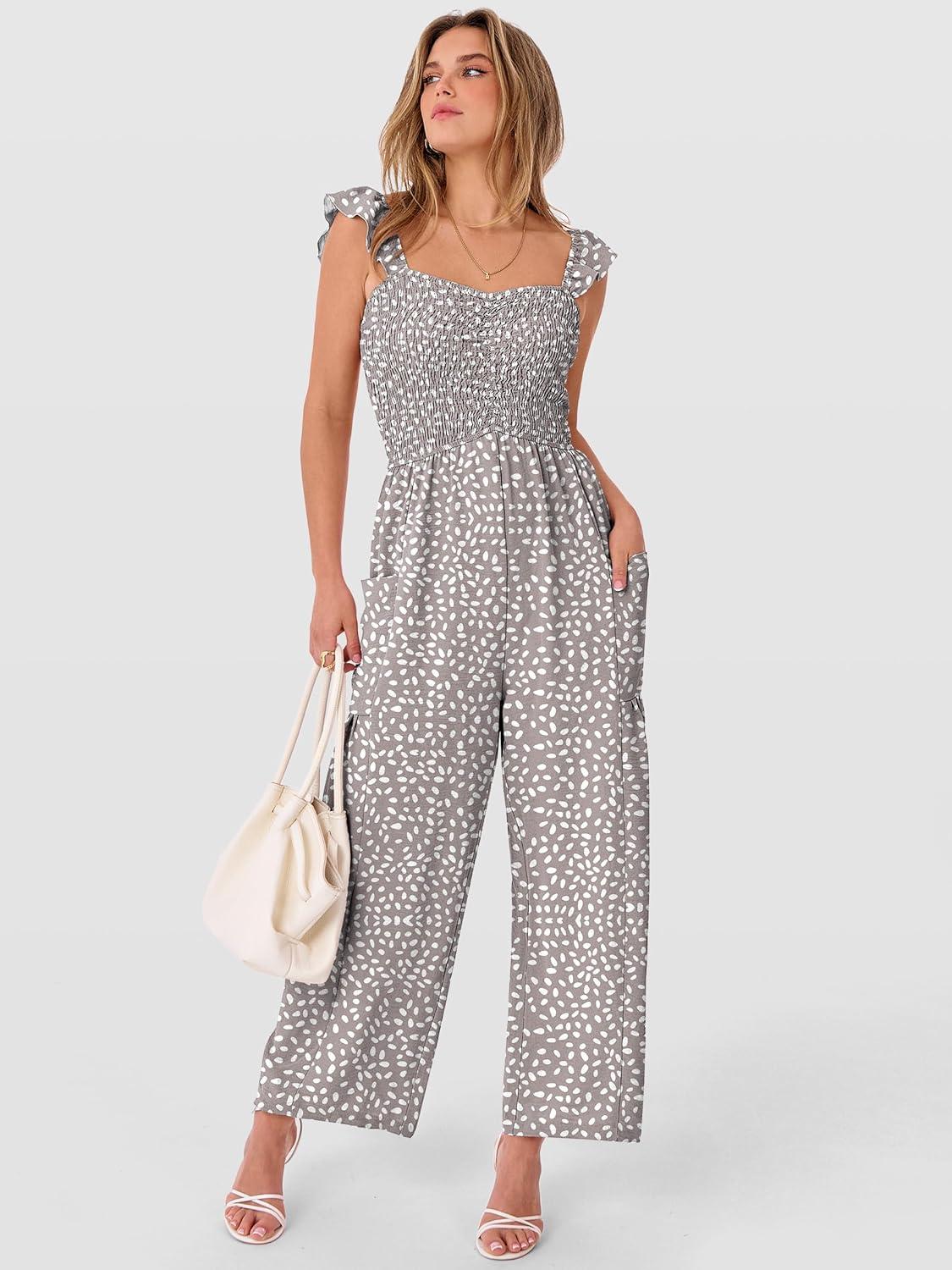 imageANRABESS Jumpsuits for Women Dressy One Piece Summer Outfits Wide Leg Sleeveless Smocked Romper Jumpers Casual Beach OverallsBrown White