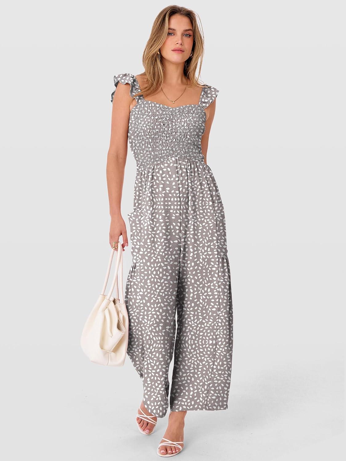 imageANRABESS Jumpsuits for Women Dressy One Piece Summer Outfits Wide Leg Sleeveless Smocked Romper Jumpers Casual Beach OverallsBrown White