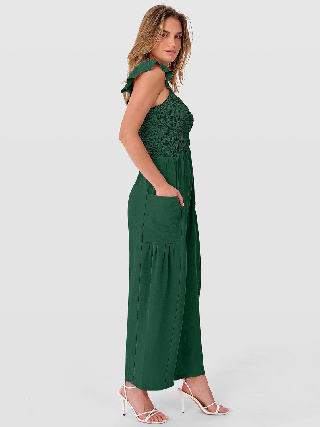 imageANRABESS Jumpsuits for Women Dressy One Piece Summer Outfits Wide Leg Sleeveless Smocked Romper Jumpers Casual Beach OverallsForest Green