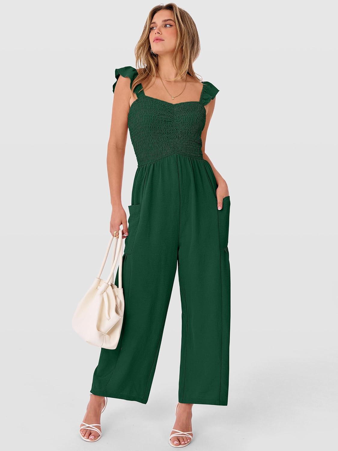 imageANRABESS Jumpsuits for Women Dressy One Piece Summer Outfits Wide Leg Sleeveless Smocked Romper Jumpers Casual Beach OverallsForest Green