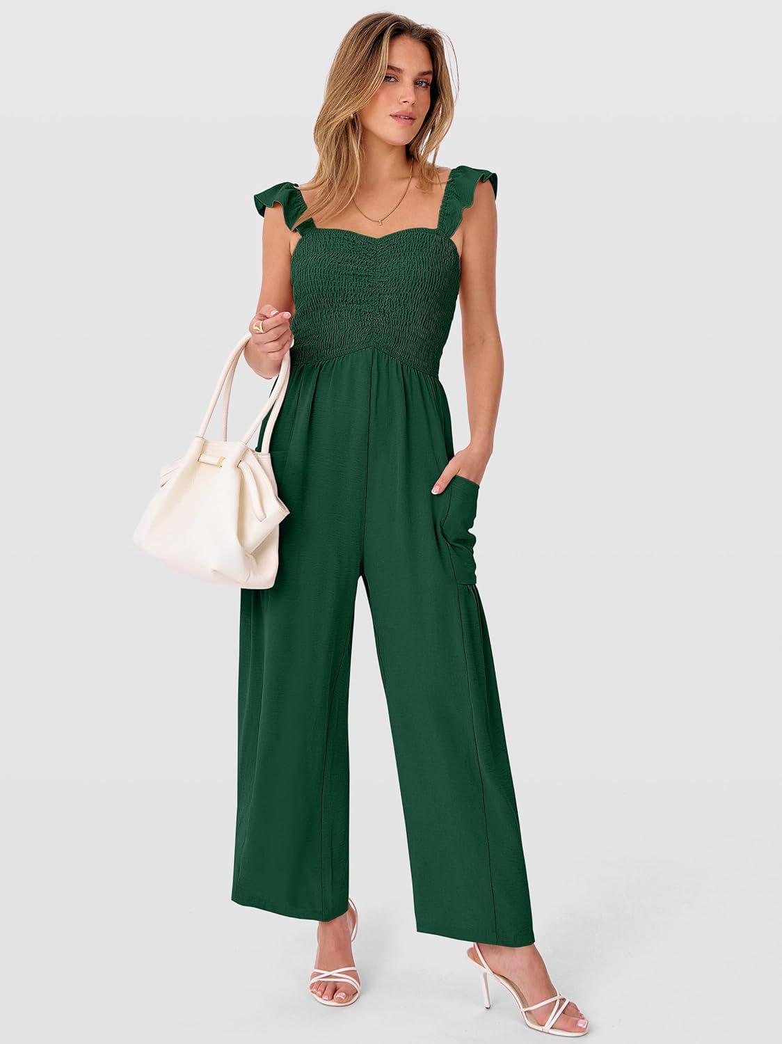 imageANRABESS Jumpsuits for Women Dressy One Piece Summer Outfits Wide Leg Sleeveless Smocked Romper Jumpers Casual Beach OverallsForest Green