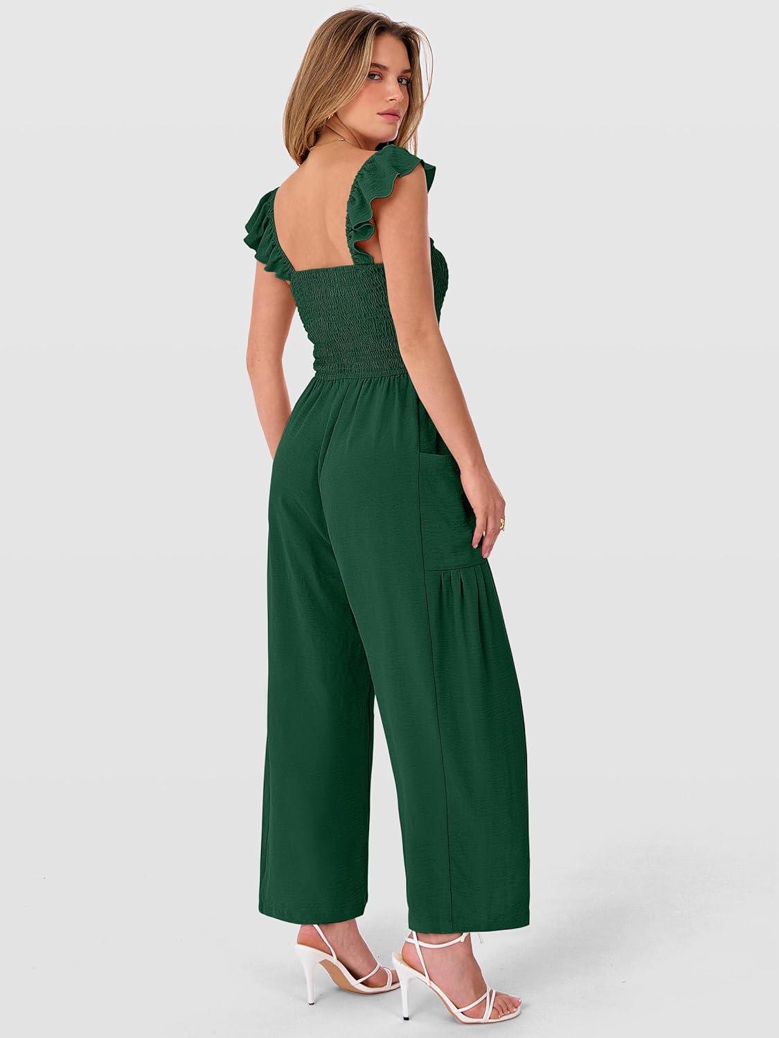 imageANRABESS Jumpsuits for Women Dressy One Piece Summer Outfits Wide Leg Sleeveless Smocked Romper Jumpers Casual Beach OverallsForest Green