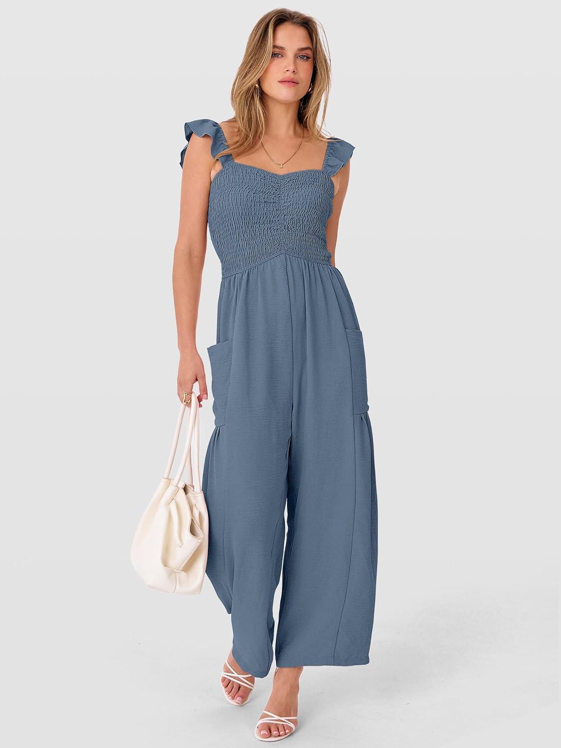 imageANRABESS Jumpsuits for Women Dressy One Piece Summer Outfits Wide Leg Sleeveless Smocked Romper Jumpers Casual Beach OverallsGrey Blue