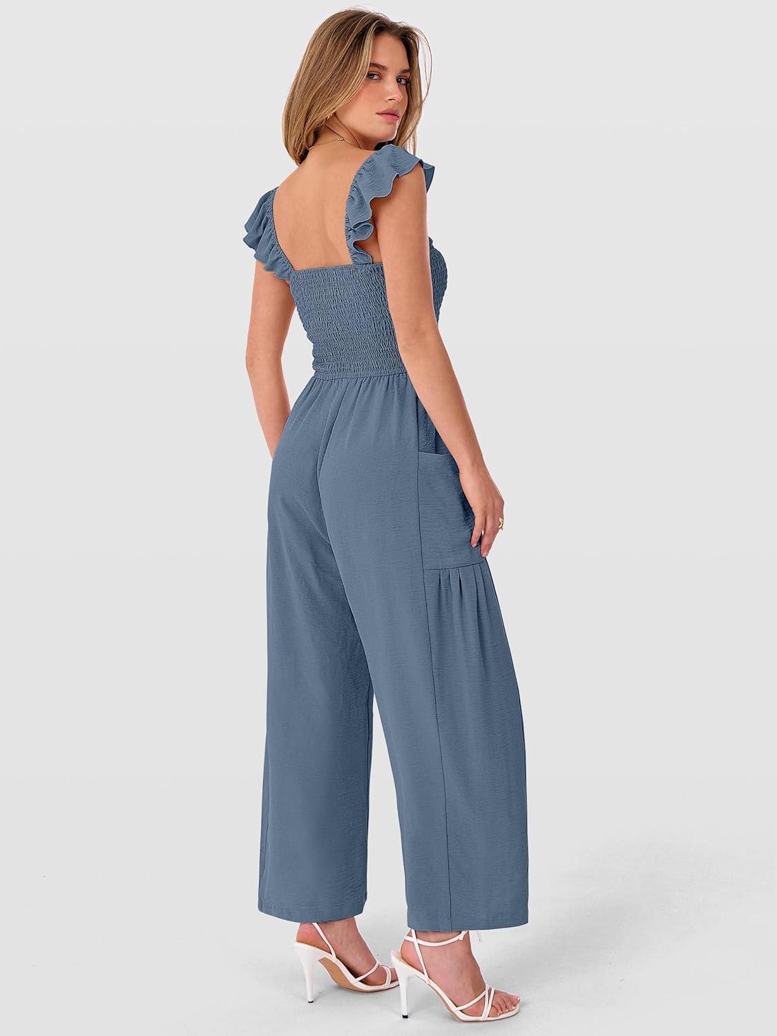 imageANRABESS Jumpsuits for Women Dressy One Piece Summer Outfits Wide Leg Sleeveless Smocked Romper Jumpers Casual Beach OverallsGrey Blue