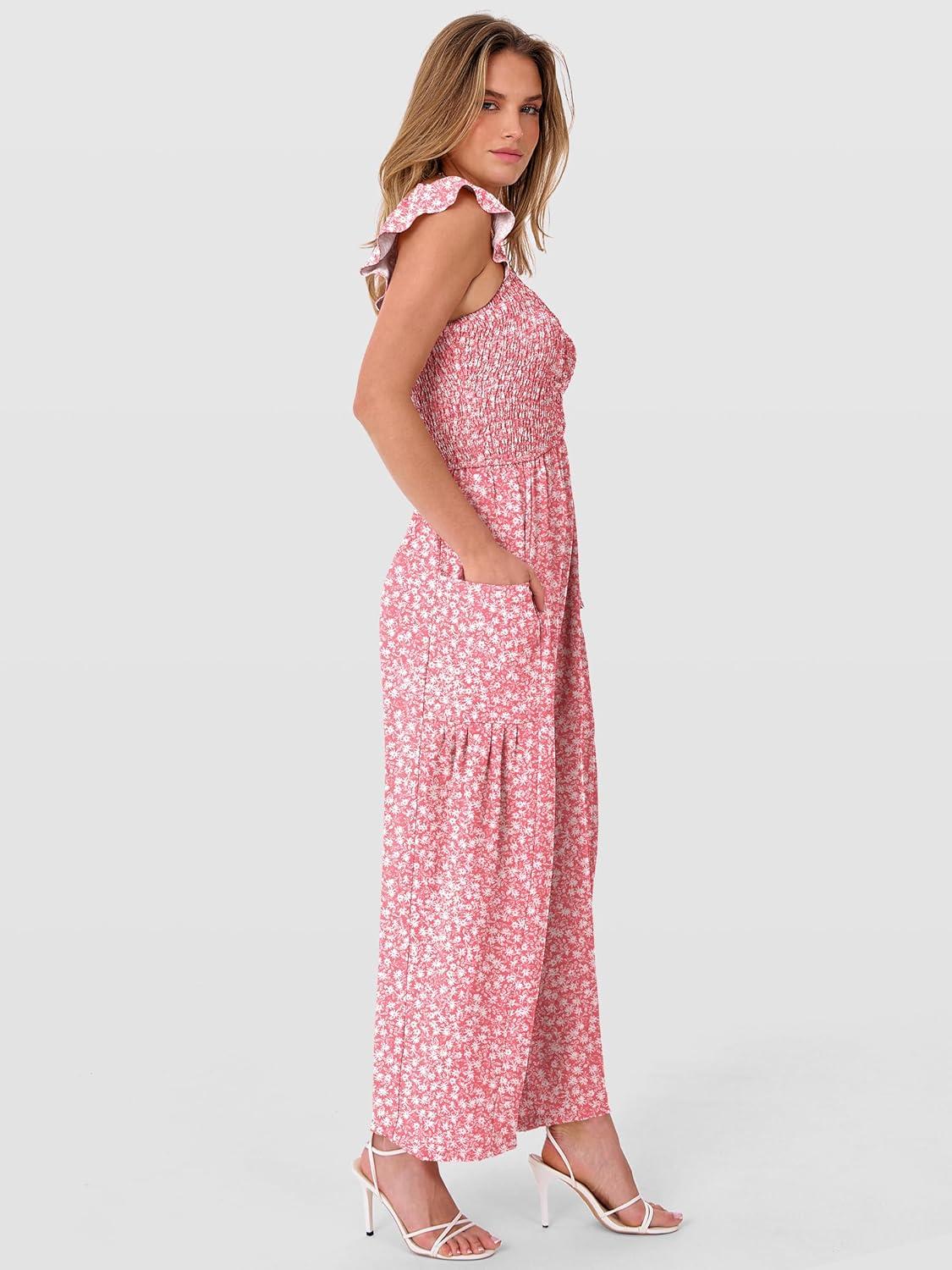 imageANRABESS Jumpsuits for Women Dressy One Piece Summer Outfits Wide Leg Sleeveless Smocked Romper Jumpers Casual Beach OverallsPink White Floral