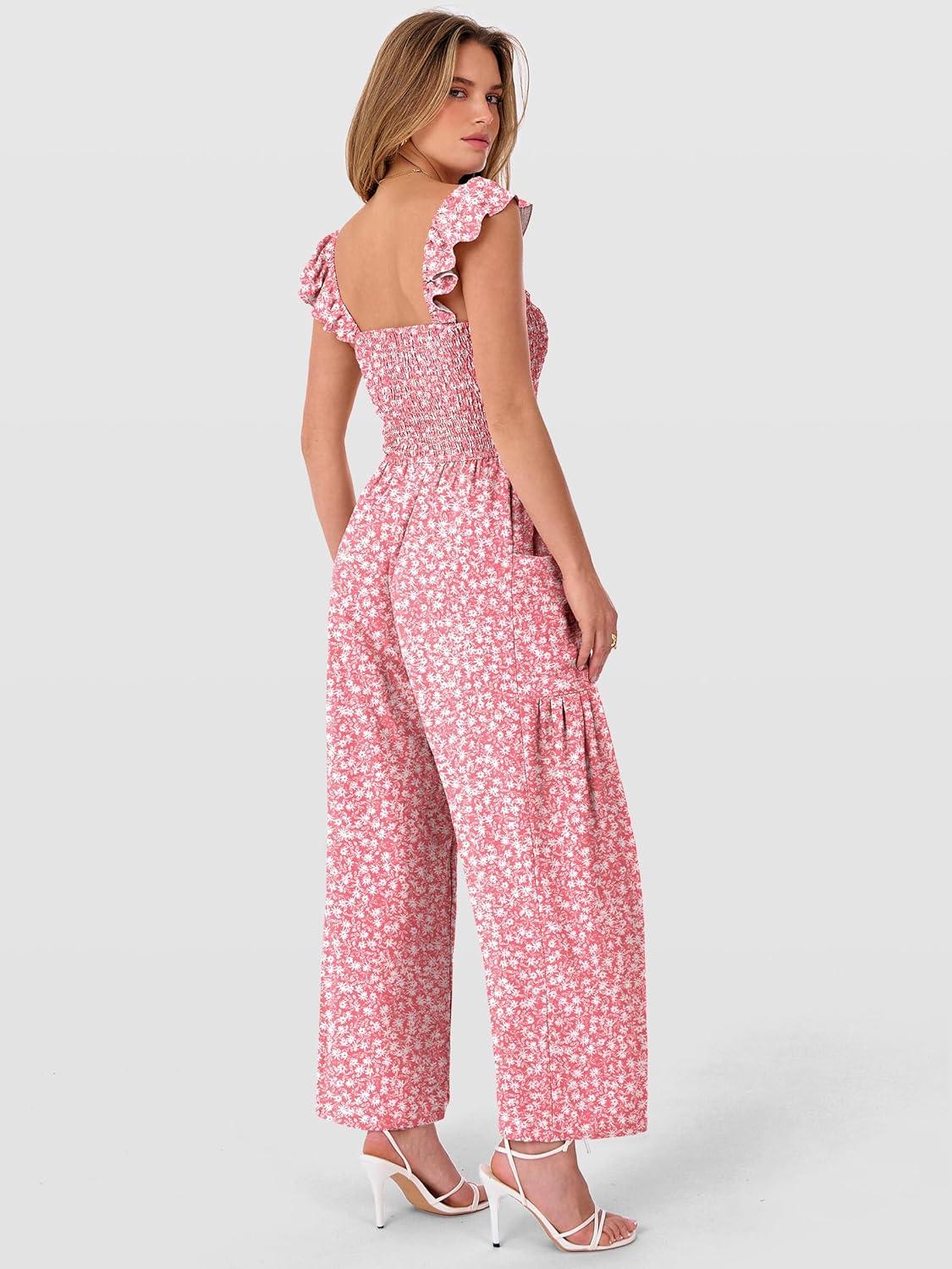 imageANRABESS Jumpsuits for Women Dressy One Piece Summer Outfits Wide Leg Sleeveless Smocked Romper Jumpers Casual Beach OverallsPink White Floral