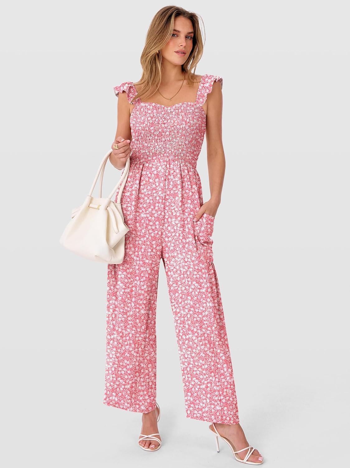 imageANRABESS Jumpsuits for Women Dressy One Piece Summer Outfits Wide Leg Sleeveless Smocked Romper Jumpers Casual Beach OverallsPink White Floral