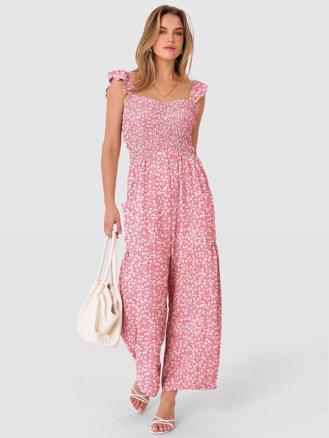 imageANRABESS Jumpsuits for Women Dressy One Piece Summer Outfits Wide Leg Sleeveless Smocked Romper Jumpers Casual Beach OverallsPink White Floral