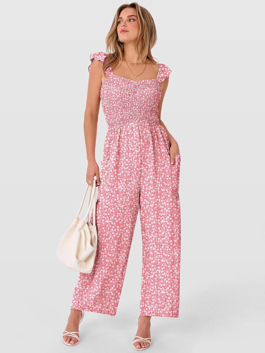 imageANRABESS Jumpsuits for Women Dressy One Piece Summer Outfits Wide Leg Sleeveless Smocked Romper Jumpers Casual Beach OverallsPink White Floral