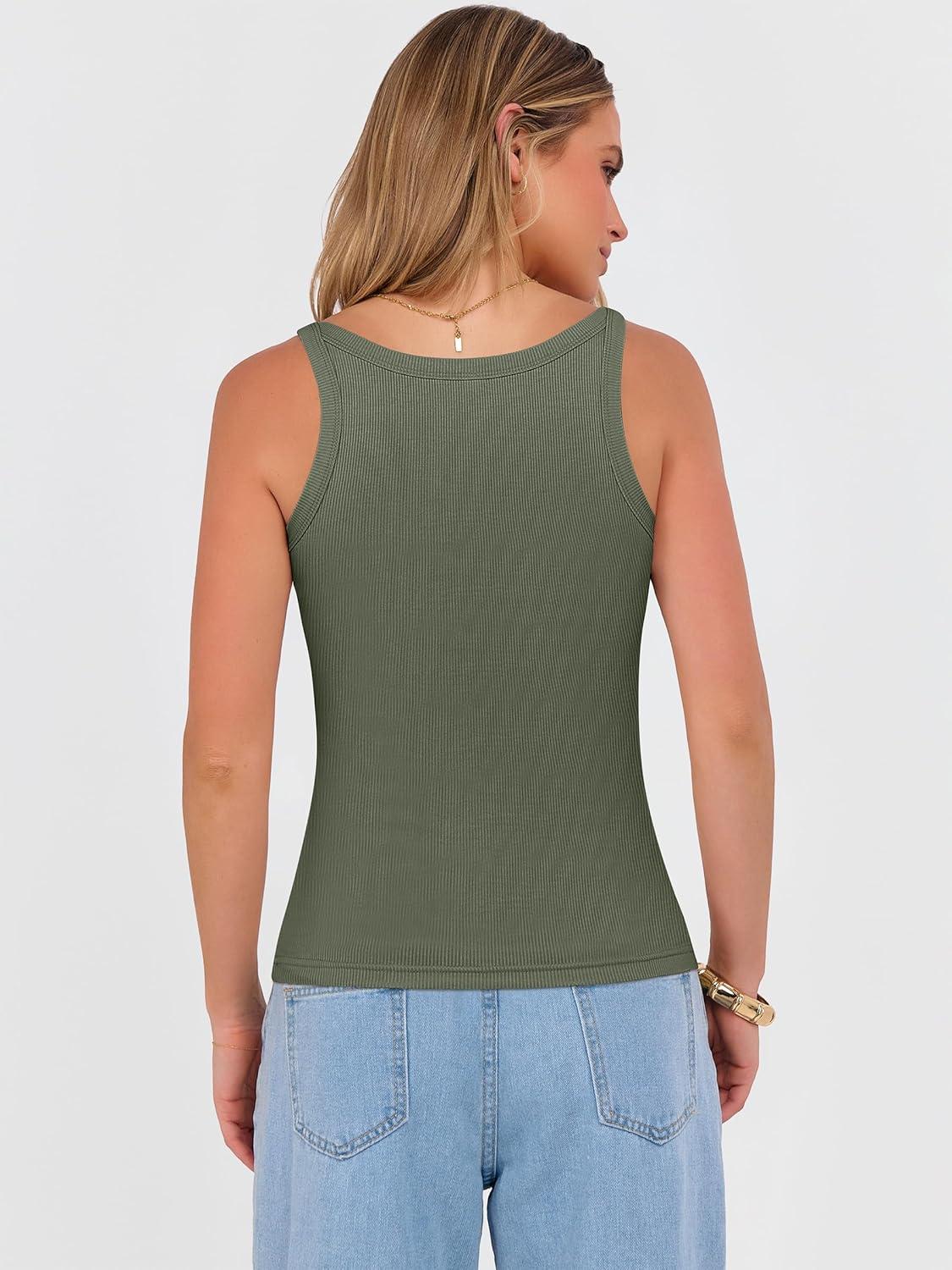 imageANRABESS V Neck Tank Tops for Women Ribbed Knit Camisole 2026 Summer Casual Sleeveless Slim Fitted Basic Cami Shirts ClothesArmy Green