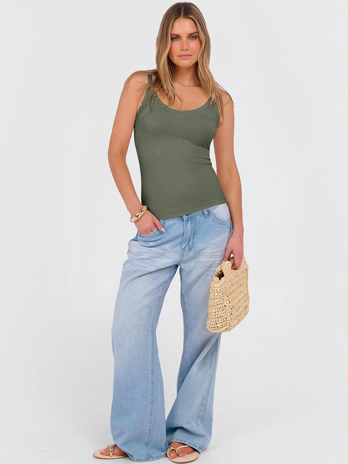 imageANRABESS V Neck Tank Tops for Women Ribbed Knit Camisole 2026 Summer Casual Sleeveless Slim Fitted Basic Cami Shirts ClothesArmy Green