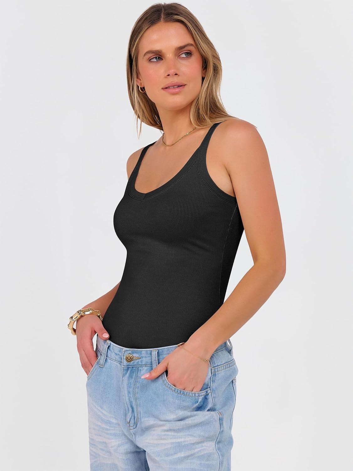 imageANRABESS V Neck Tank Tops for Women Ribbed Knit Camisole 2026 Summer Casual Sleeveless Slim Fitted Basic Cami Shirts ClothesBlack