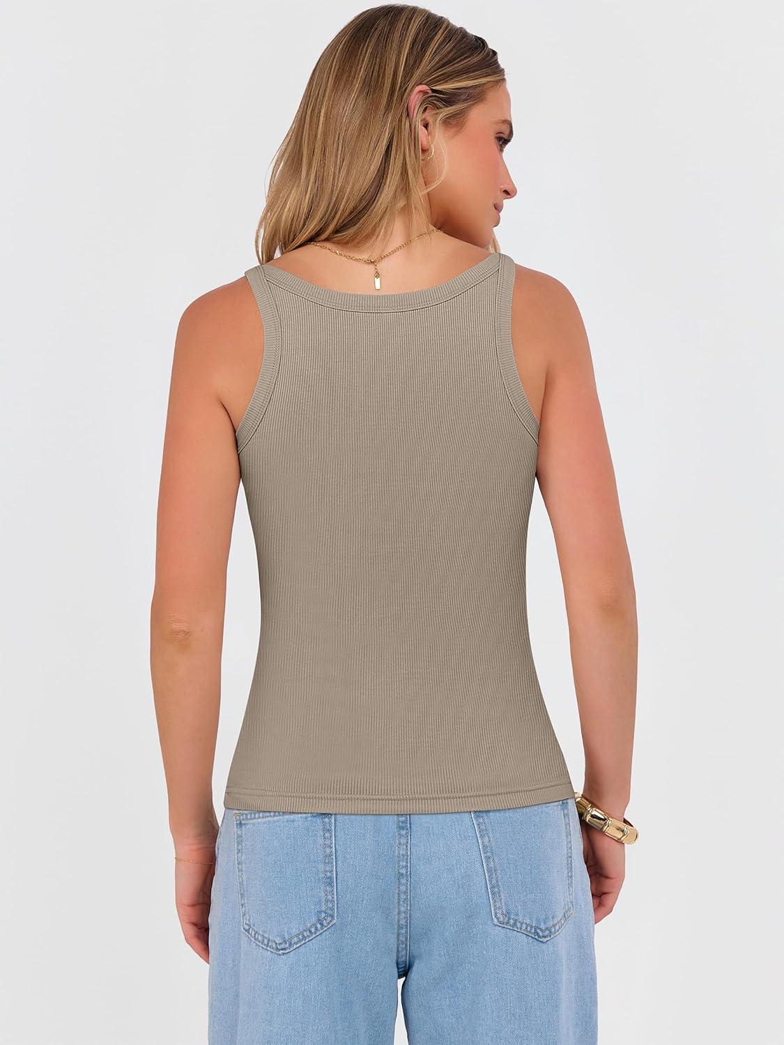 imageANRABESS V Neck Tank Tops for Women Ribbed Knit Camisole 2026 Summer Casual Sleeveless Slim Fitted Basic Cami Shirts ClothesLight Khaki