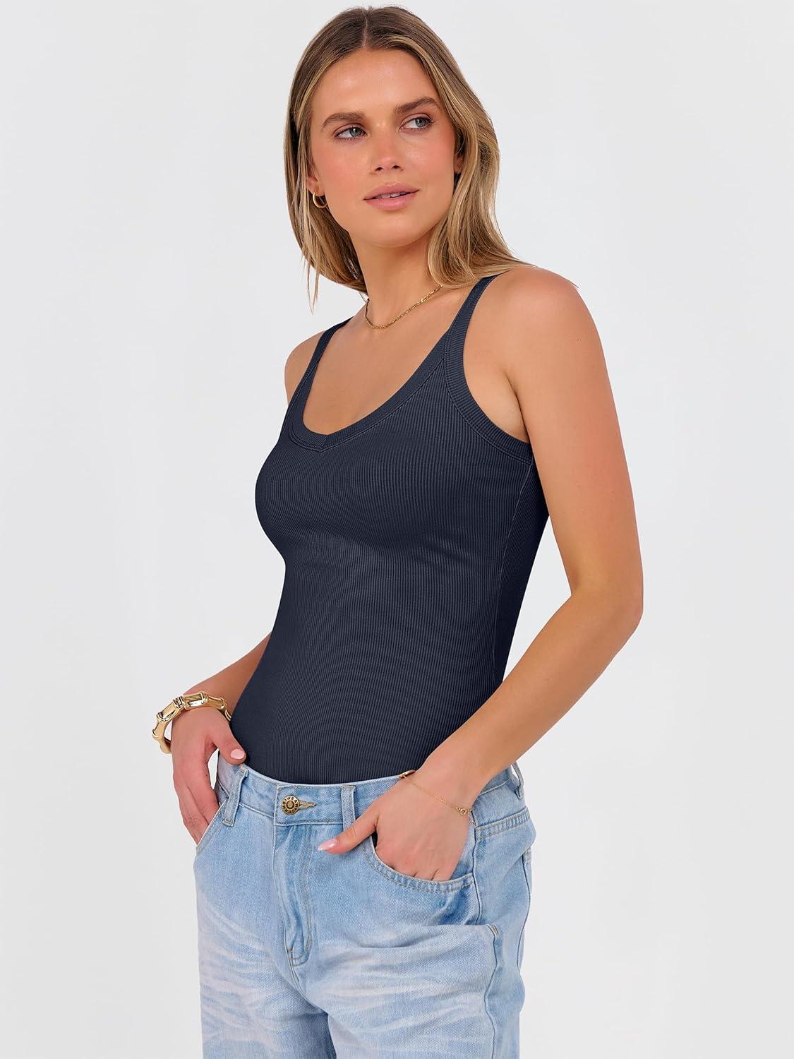 imageANRABESS V Neck Tank Tops for Women Ribbed Knit Camisole 2026 Summer Casual Sleeveless Slim Fitted Basic Cami Shirts ClothesNavy Blue