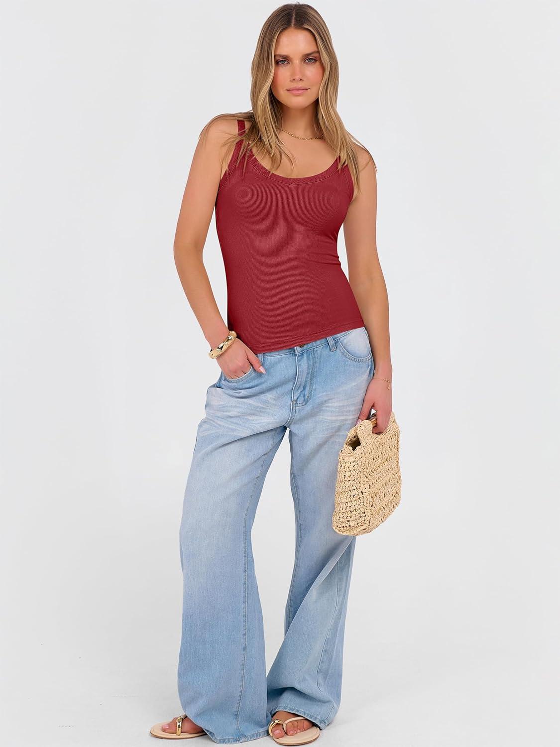 imageANRABESS V Neck Tank Tops for Women Ribbed Knit Camisole 2026 Summer Casual Sleeveless Slim Fitted Basic Cami Shirts ClothesRed