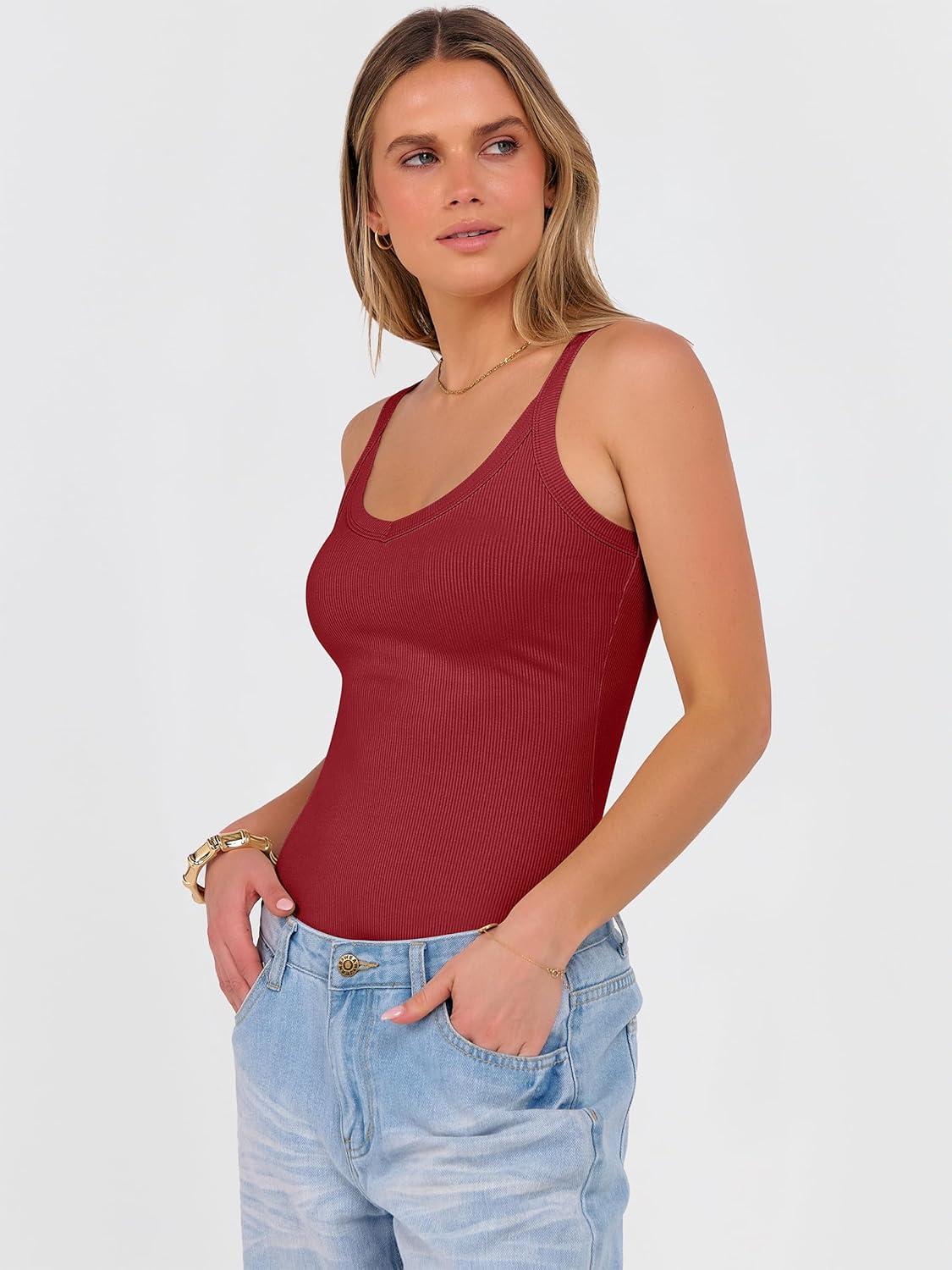 imageANRABESS V Neck Tank Tops for Women Ribbed Knit Camisole 2026 Summer Casual Sleeveless Slim Fitted Basic Cami Shirts ClothesRed