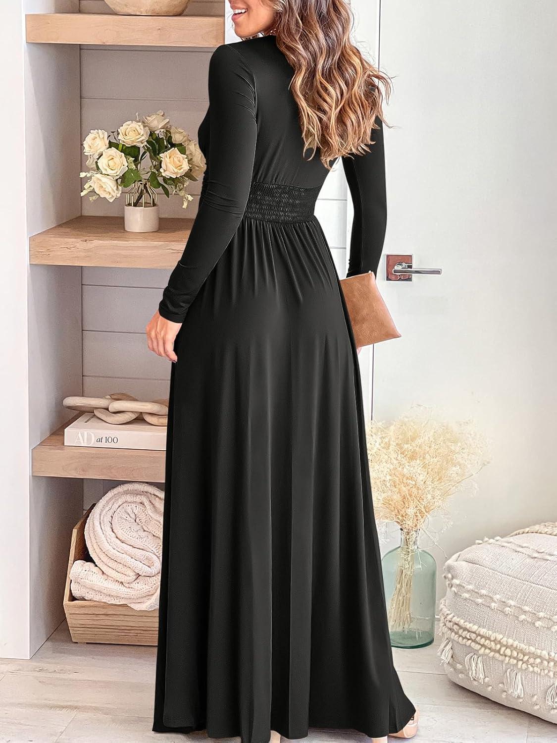 imageANRABESS Women Summer Deep V Neck Short Sleeve Dresses Slit Elegant Wedding Guest Formal Cocktail Evening Maxi Long DressLong Sleeve Black